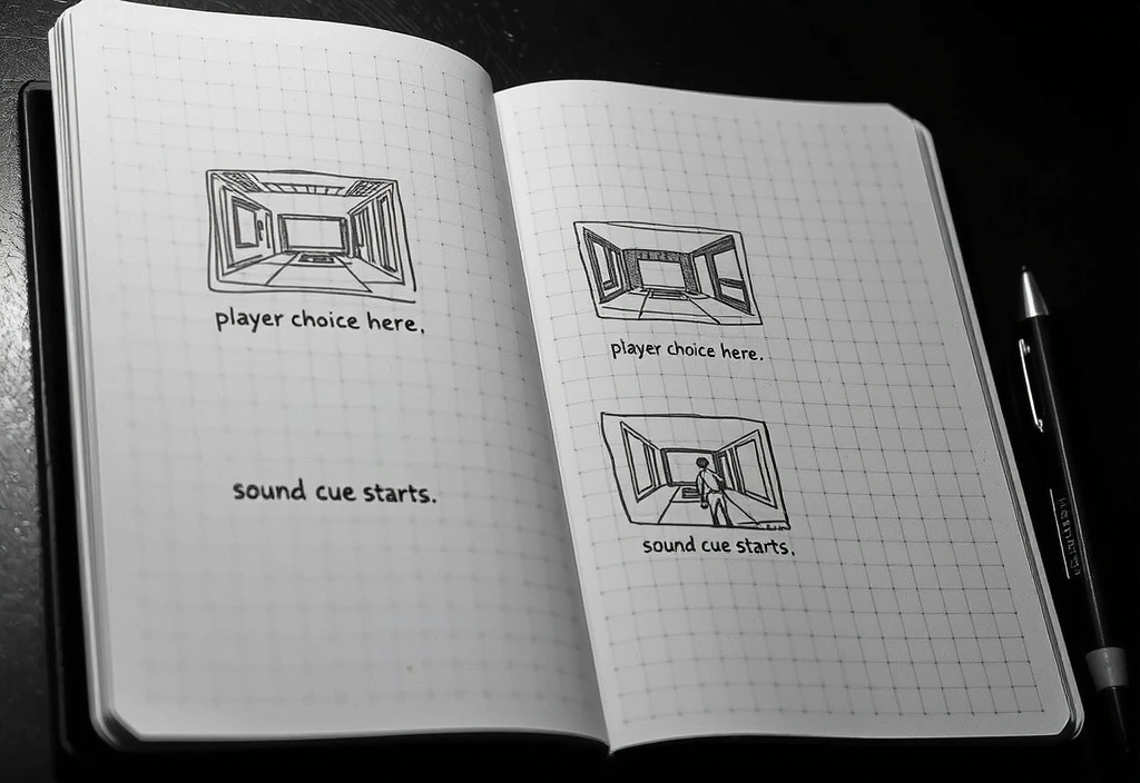 Hand-drawn storyboard frames with developer annotations.