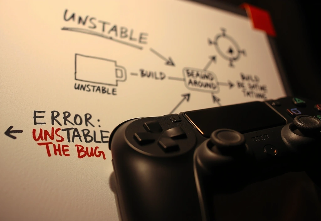 Whiteboard fragment showing a conceptual bug turned into a core mechanic.