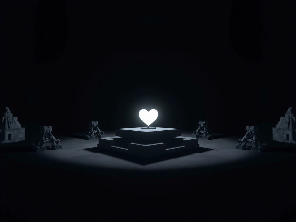 Game scene with vast negative space focusing on a single glowing object.