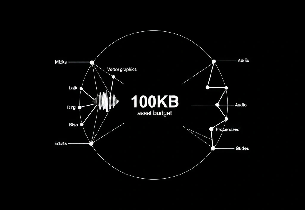 Diagram showing 100KB budget distribution across vector assets, procedural audio, and code.